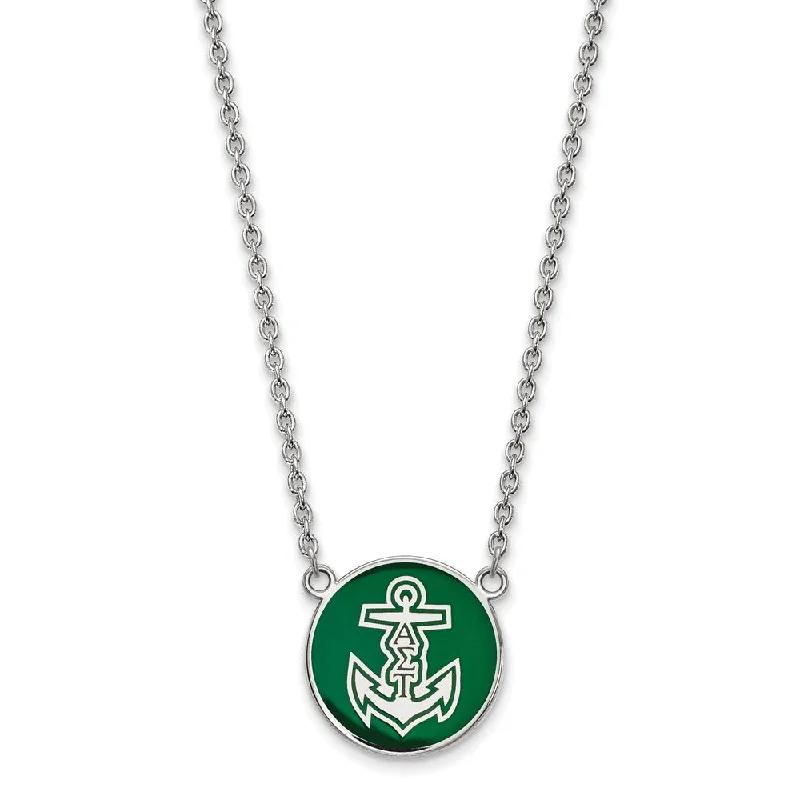 ladies-vintage-pearl-necklaces-Sterling Silver Alpha Sigma Tau Large Green Enamel Logo Necklace