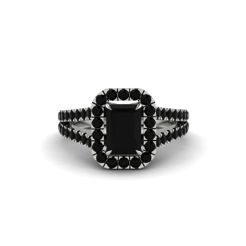 Ladies engagement rings glossy finish -Radiant Cut Black Diamond Halo Split Shank Engagement Ring - Lainey No. 39