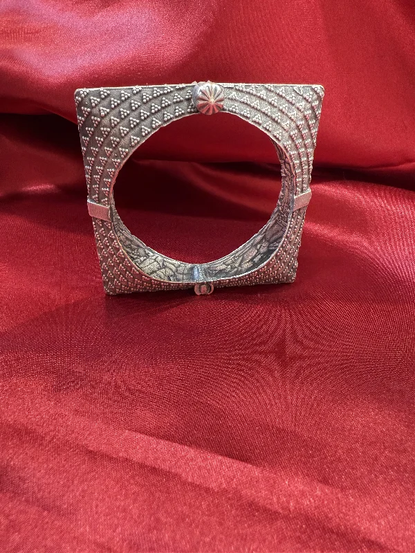 ladies-name-silver-bracelets-Attractive Tribal Oxidized Silver Ethnic Open Square Design Kada Cuff Bracelet