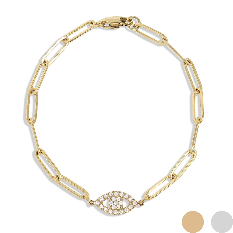 ladies-gemstone-pearl-bracelets-18K Gold PVD Stainless Steel Stone "Evil Eye" Paperclip Chain Bracelet / BRJ1005