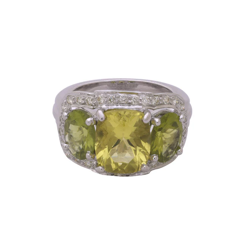 Ladies rings sleek bands -RING- LEMON QUARTZ, PERIDOT AND DIAMOND IN SILVER