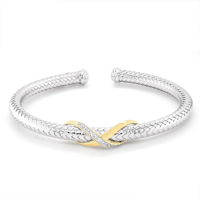 ladies-initial-gold-bracelets-STERLING SILVER OPEN BANGLE BRACELET WITH GOLD CRISS CROSS AND CUBIC ZIRCONIAS