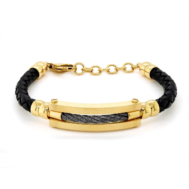 ladies-elegant-rose-gold-bracelets-GENTS GOLD ION PLATED STEEL AND LEATHER BRACELET