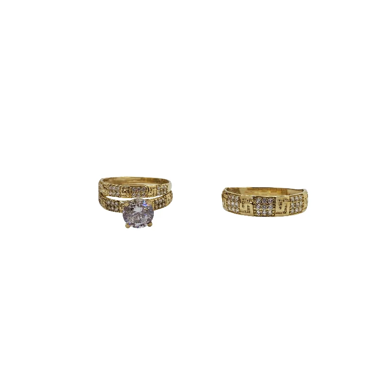 Ladies engagement rings shield cut -Three-Piece Set Greek Key Band Engagement Rings (14K)