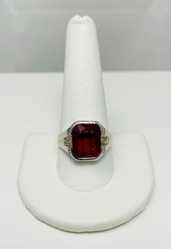 Ladies rings smooth bands -Art Deco 1930's 14k White Gold Synthetic Red Gem Ring