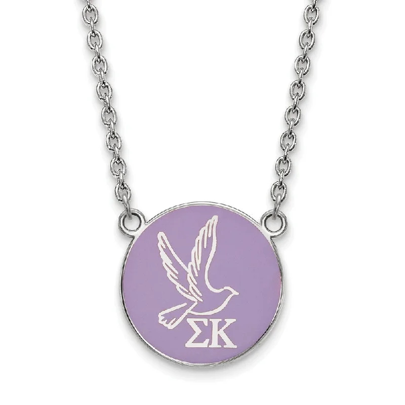 ladies-name-rose-gold-necklaces-Sterling Silver Sigma Kappa Large Lavender Enamel Dove Disc Necklace