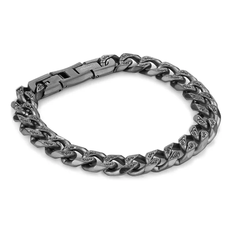 ladies-fashion-rose-gold-bracelets-GUNMETAL STAINLESS STEEL CUBAN LINK BRACELET WITH BLACK CZS, 10.5MM