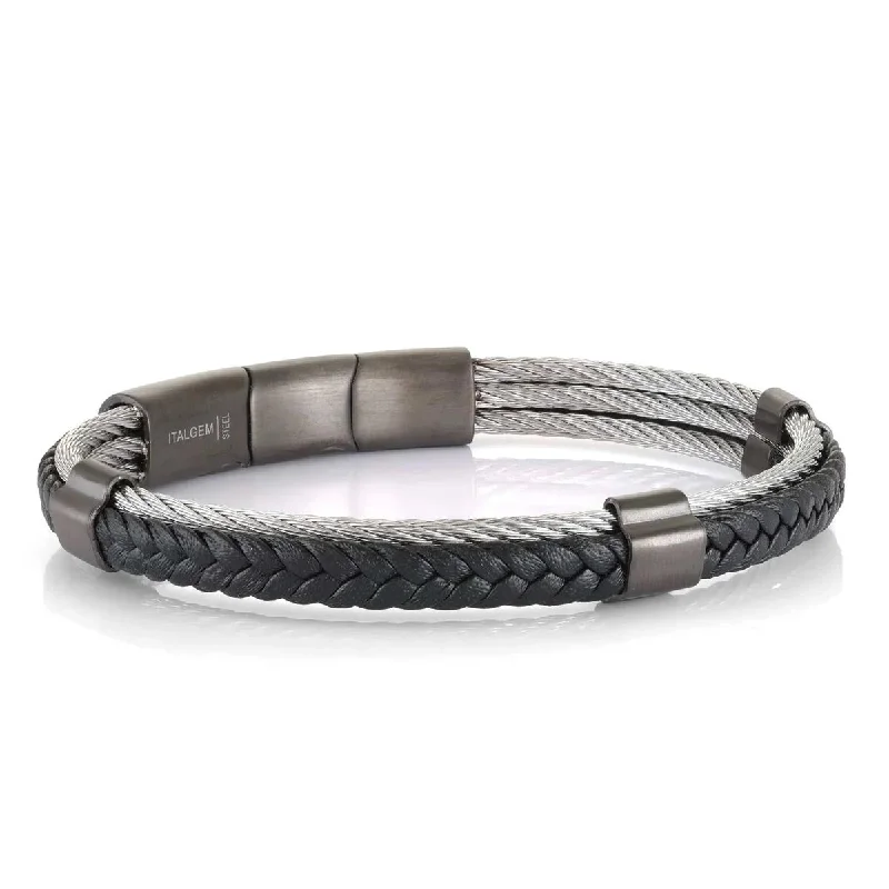 ladies-affordable-bangle-bracelets-MEN'S GUNMETAL STEEL AND LEATHER BRACELET