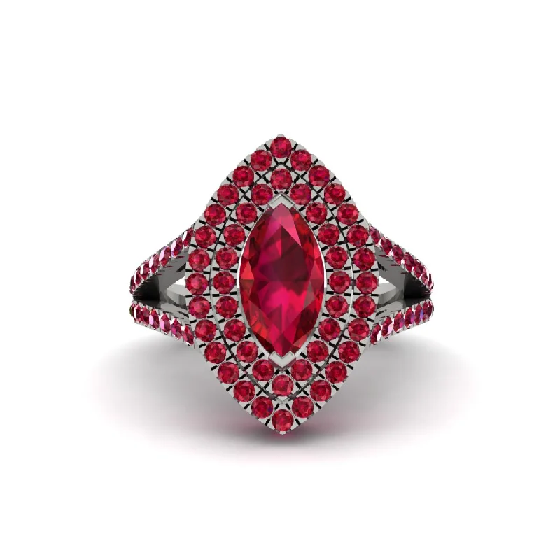 Ladies engagement rings with floral detail -Marquise Ruby Double Halo Engagement Ring - Avah No. 57