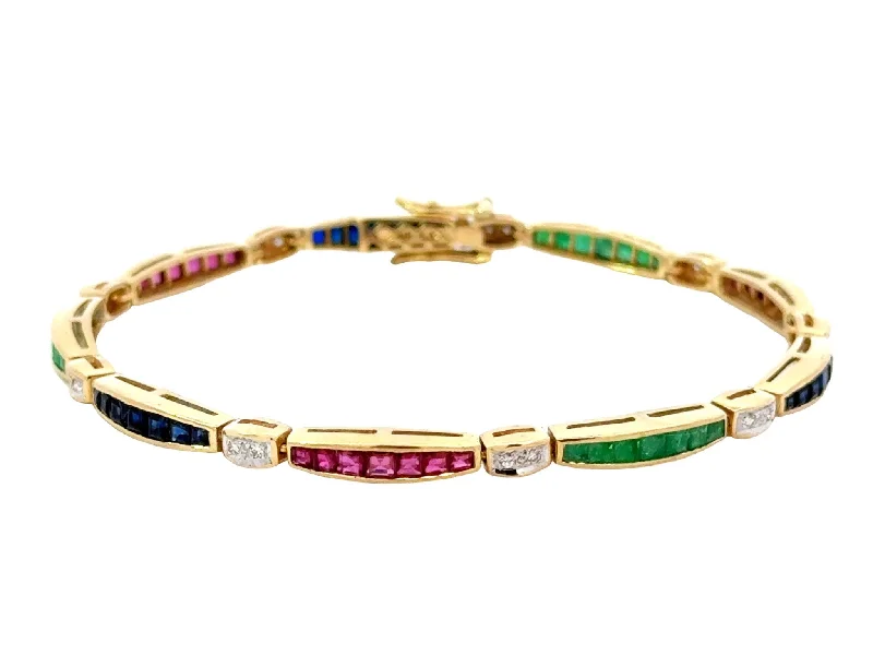 ladies-custom-rose-gold-bracelets-14k Yellow Gold Ruby Emerald Sapphire Diamond Tennis Bracelet