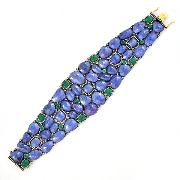 ladies-cross-diamond-bracelets-Tanzanite Cabochon & Emerald Mosaic Bracelet