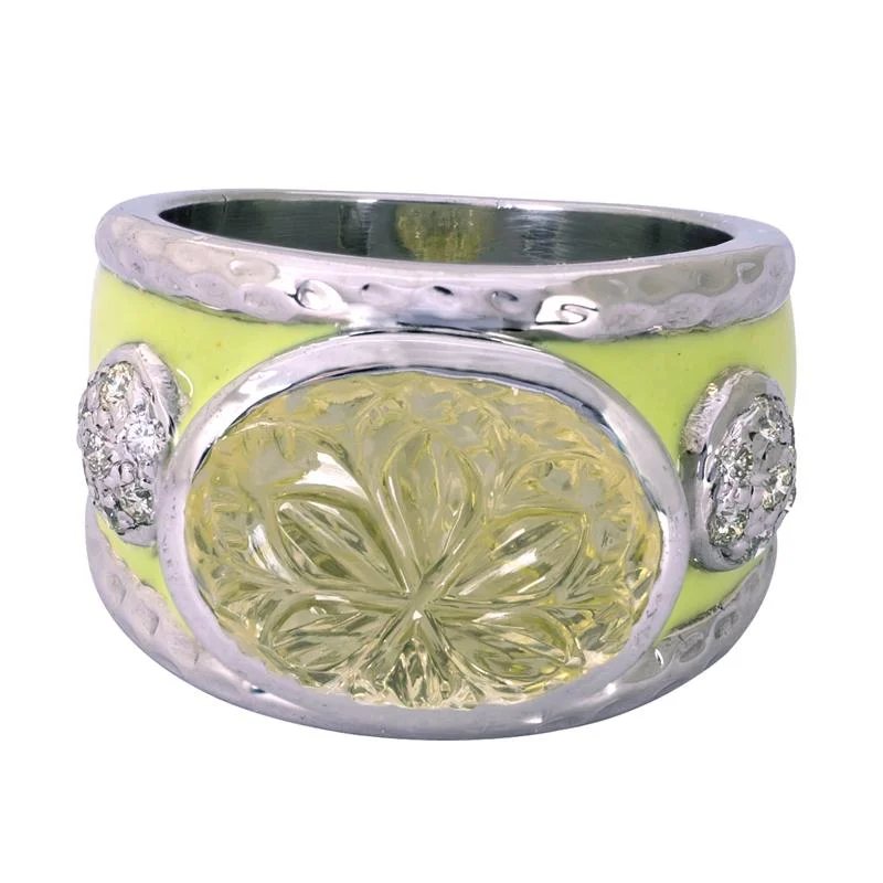 Ladies rings with mixed metals -Ring- Lemon Quartz and Diamond (Enamel)  (265DS)