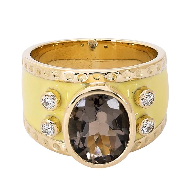 Ladies rings for designers -Ring- Smokey Quartz and Diamond (Enamel)  (2202M)