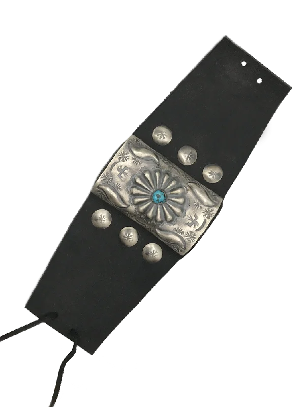 ladies-charm-pearl-bracelets-Wide Leather Bracelet w Starburst Stamp + Turquoise