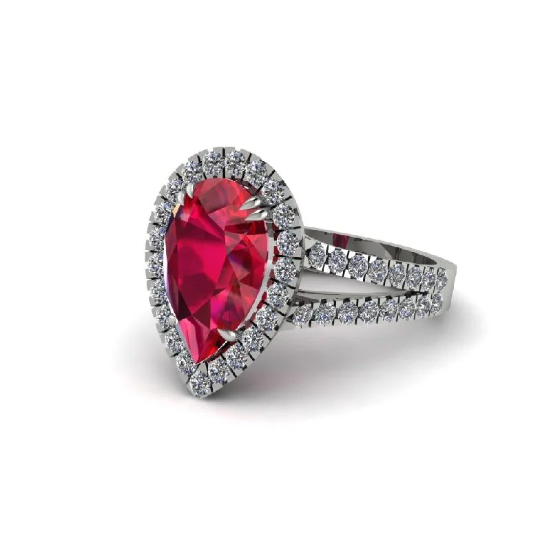 Ladies engagement rings for modern proposals -Pear Ruby Halo Split Shank Engagement Ring - Helena No. 12