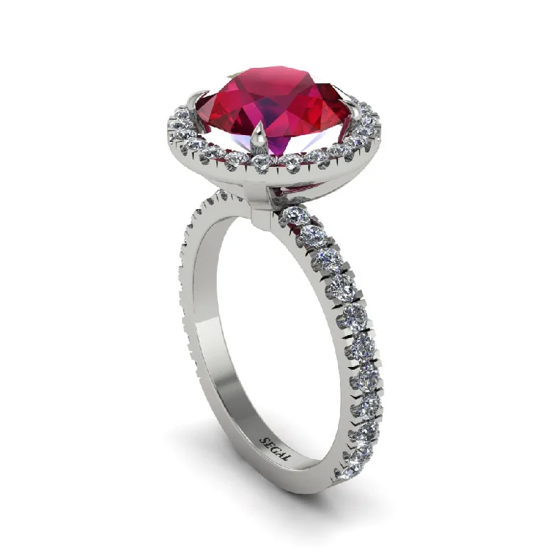 Ladies engagement rings with twist accent -Round Cut Ruby Halo Engagement Ring - Charleigh No. 12