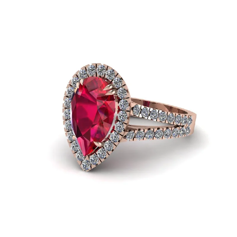 Ladies engagement rings with sun band -Pear Ruby Halo Split Shank Engagement Ring - Helena No. 11