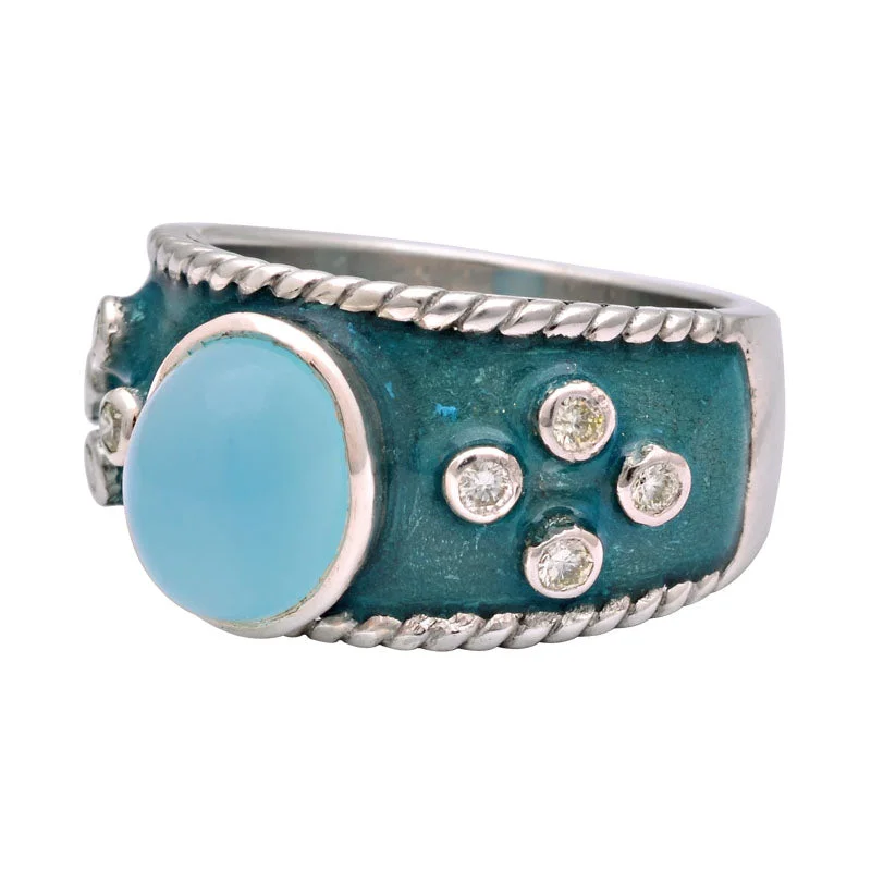 Ladies rings with turquoise -Ring-Chalcedony and Diamond (Enamel)