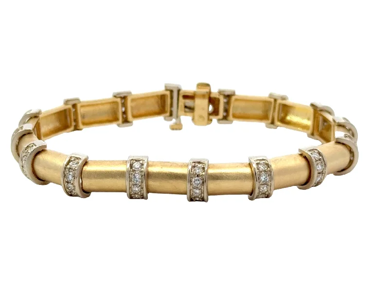 ladies-luxury-silver-bracelets-Sectional Half Round Barrel Diamond 14k Yellow Gold Satin Finish Bracelet