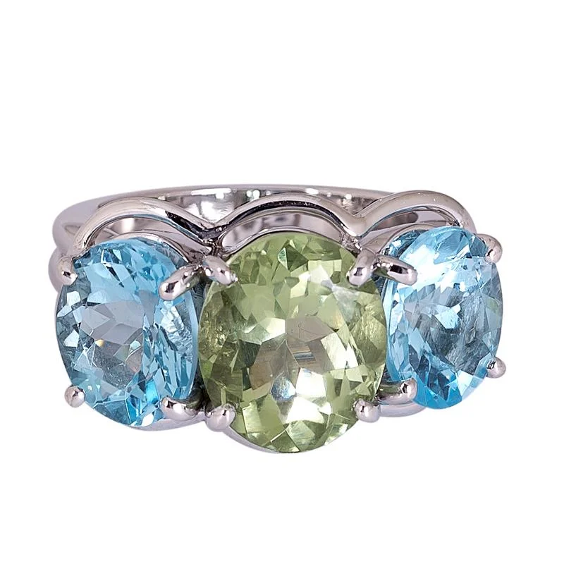 Ladies rings bold settings -Ring- Green Quartz and Blue Topaz  (272JS)