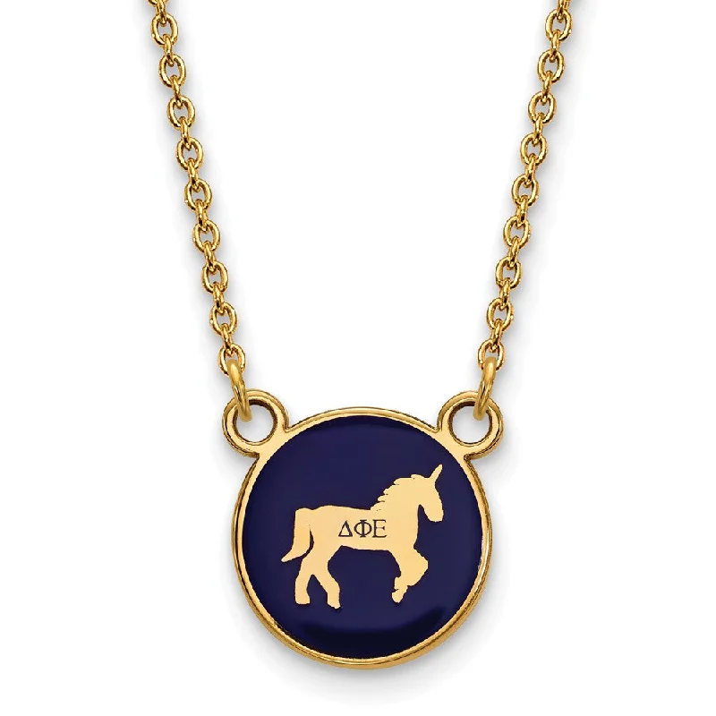 ladies-flower-gold-necklaces-14K Plated Silver Delta Phi Epsilon Small Blue Enamel Mascot Necklace