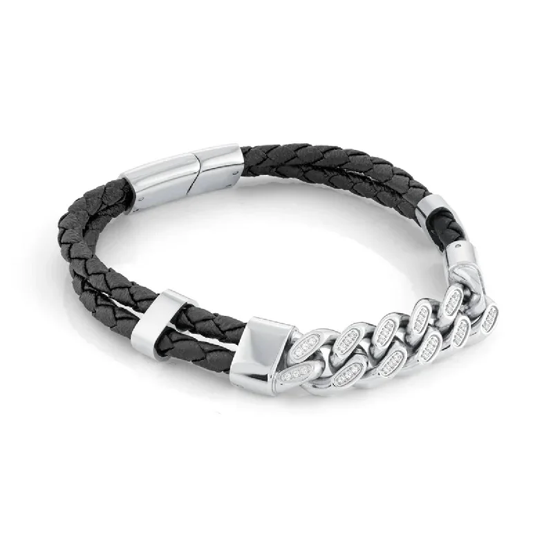 ladies-delicate-pearl-bracelets-MEN'S STAINLESS STEEL BRACELET WITH LEATHER AND CUBIC ZIRCONIA