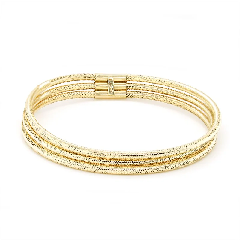 ladies-gemstone-cuff-bracelets-YELLOW GOLD 3-ROW MESH STRETCH BANGLE BRACELET