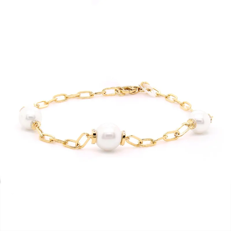 ladies-gold-heart-bracelets-YELLOW GOLD PAPERCLIP FASHION BRACELET WITH PEARLS AND DIAMONDS, .12 CT TW