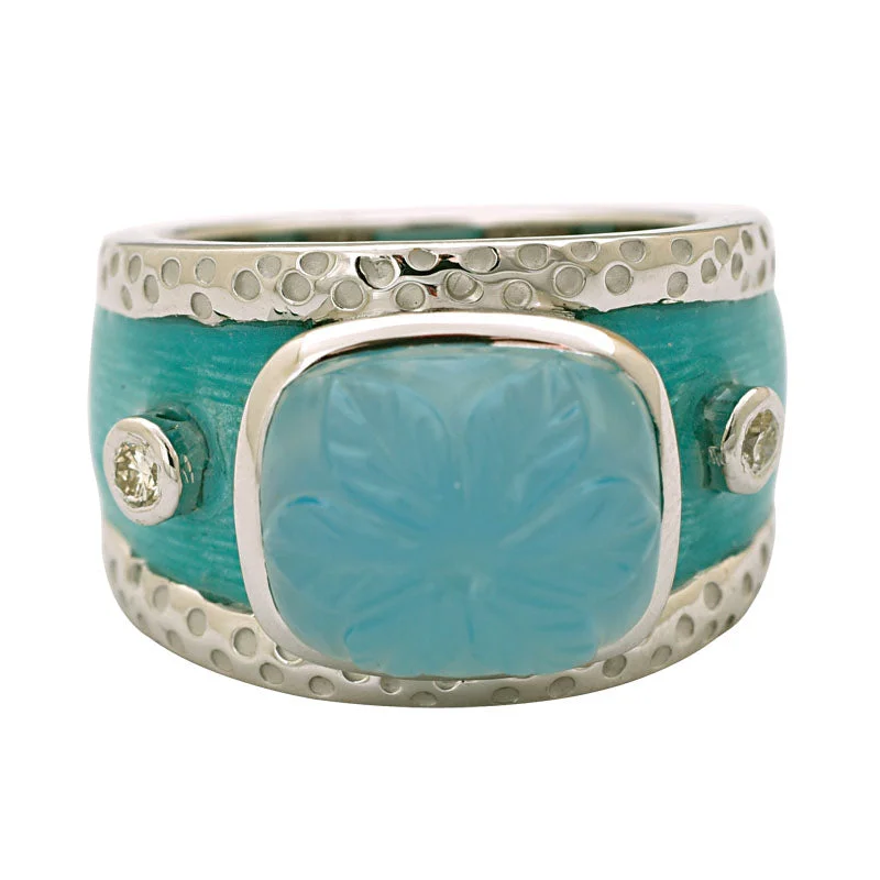 Ladies rings with initials -RING- CHALCEDONY AND DIAMOND (ENAMEL) IN SILVER