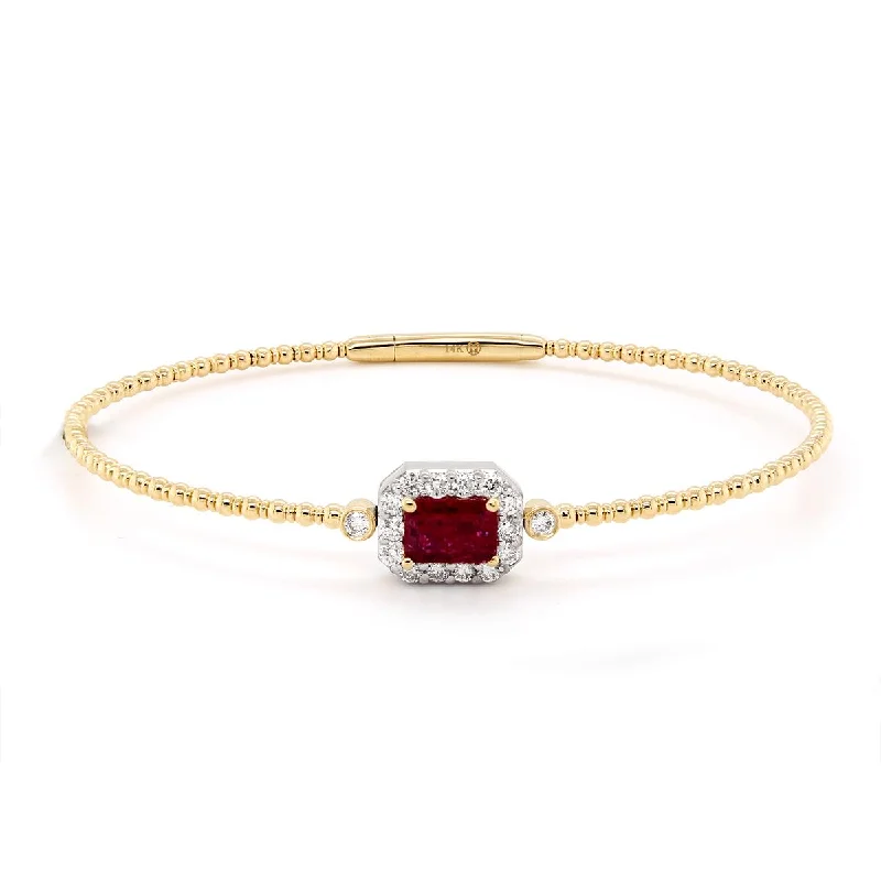 ladies-unique-rose-gold-bracelets-YELLOW GOLD BANGLE BRACELET WITH RUBY AND DIAMOND HALO, .42 CT TW