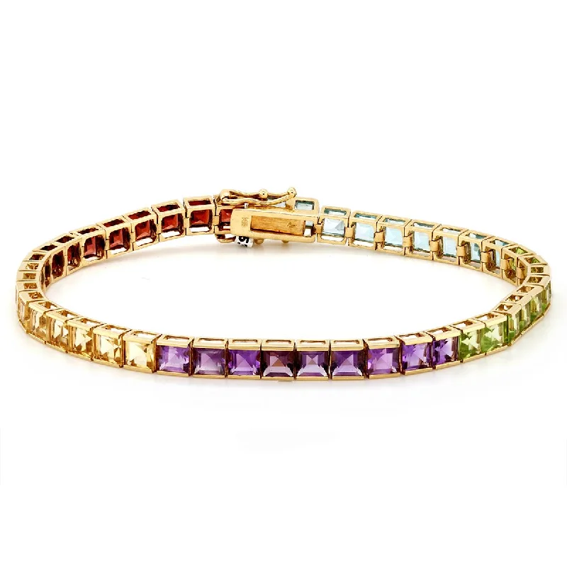 ladies-handmade-bangle-bracelets-YELLOW GOLD SQUARE MULTICOLORED GEMSTONE TENNIS BRACELET