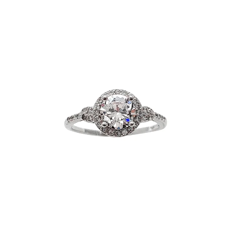 Ladies engagement rings with floral setting -Pave Halo Round Zirconia Engagement Ring (Silver)