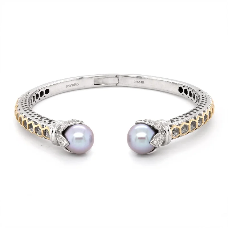 ladies-crystal-heart-bracelets-SILVER AND GOLD HINGED BANGLE BRACELET WITH 2 PEARLS AND DIAMONDS, .26 CT TW