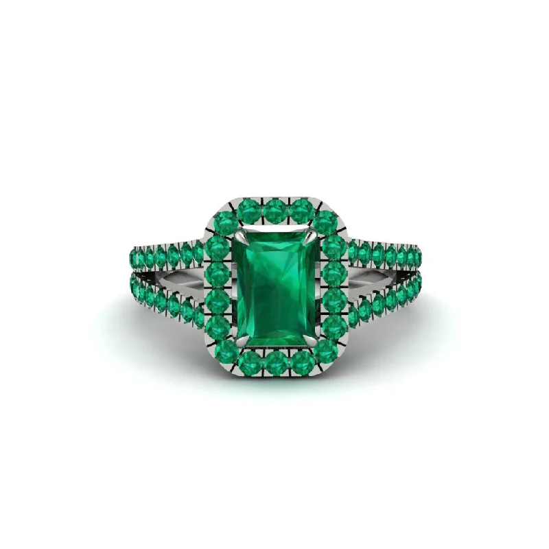 Ladies engagement rings matte band -Radiant Cut Emerald Halo Split Shank Engagement Ring - Lainey No. 21