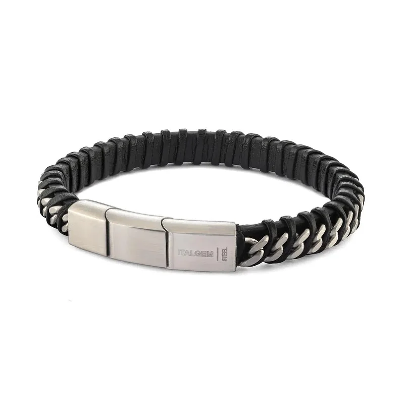 ladies-trendy-crystal-bracelets-MEN'S BRACELET WITH BLACK LEATHER AND STEEL CURB STYLE