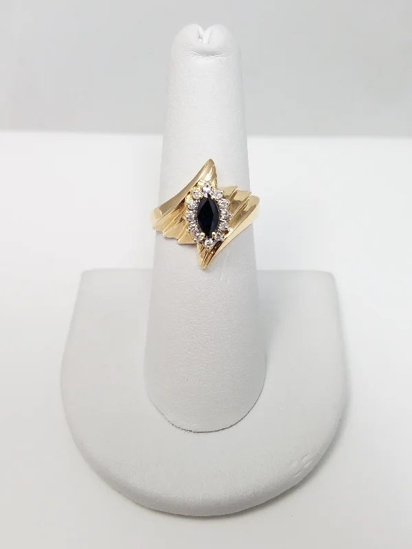 Ladies rings dainty bands -Natural Sapphire + Diamond 10k Yellow Gold Ring