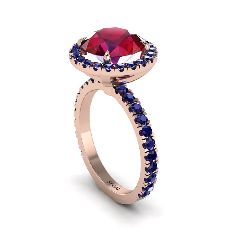 Ladies engagement rings with twisted band -Round Cut Ruby Halo Engagement Ring - Charleigh No. 71