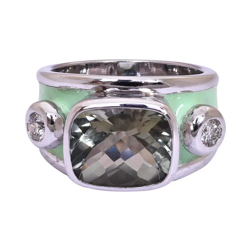 Ladies rings cute rings -Ring- Green Quartz and Diamond (Enamel)  (255JS)