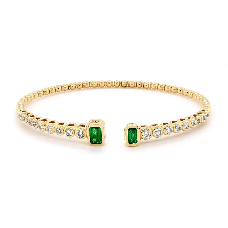 ladies-luxury-pearl-bracelets-YELLOW GOLD OPEN BANGLE BRACELET WITH EMERALDS AND DIAMONDS, .85 CT TW