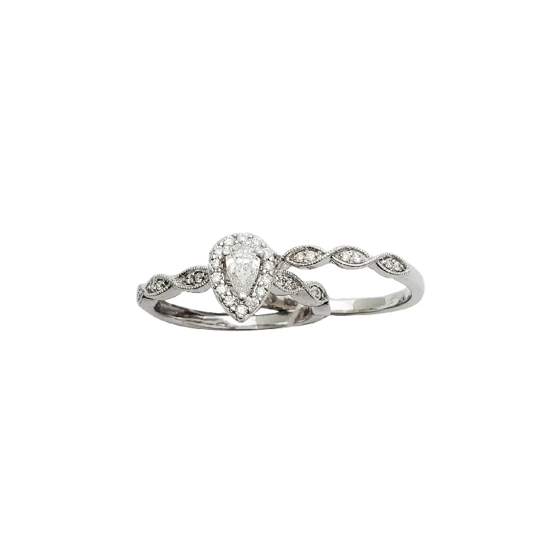 Ladies engagement rings with floral band -White Gold Two-Piece Set Pear-Shape Engagement Diamond Ring (14K)