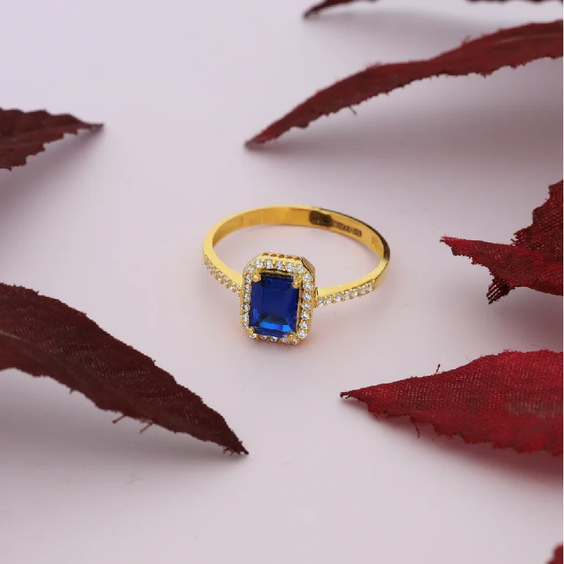 Ladies rings for stacking -Gold Emerald Cut Blue Sapphire Zirconia Ring 18KT - FKJRN18K9229